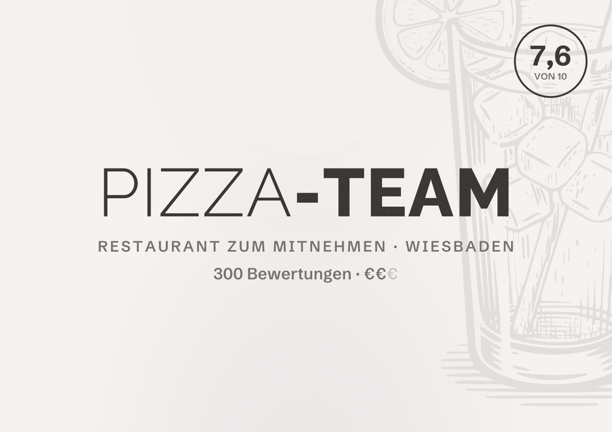Illustriertes Poster von Pizza-Team, Restaurant zum Mitnehmen in Wiesbaden: Bewertung 7,6 von 10 aus 300 Bewertungen, Preisniveau €€