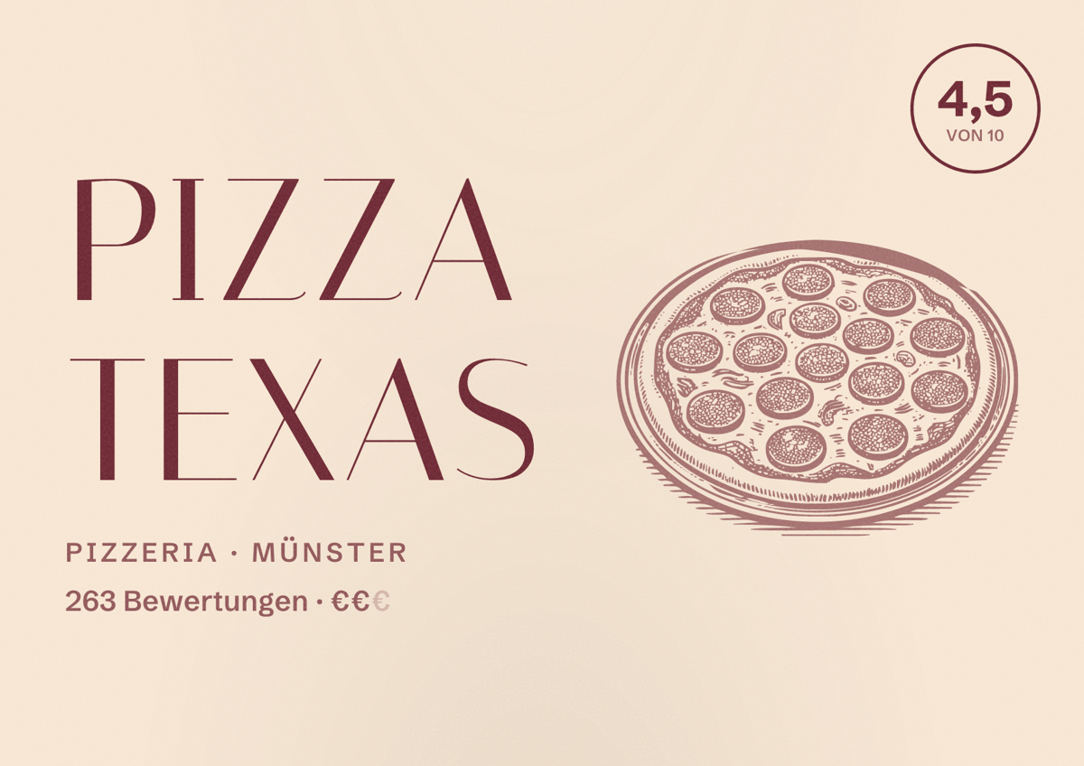 Illustriertes Poster von Pizza Texas, Pizzeria in Münster: Bewertung 4,5 von 10 aus 263 Bewertungen, Preisniveau €€