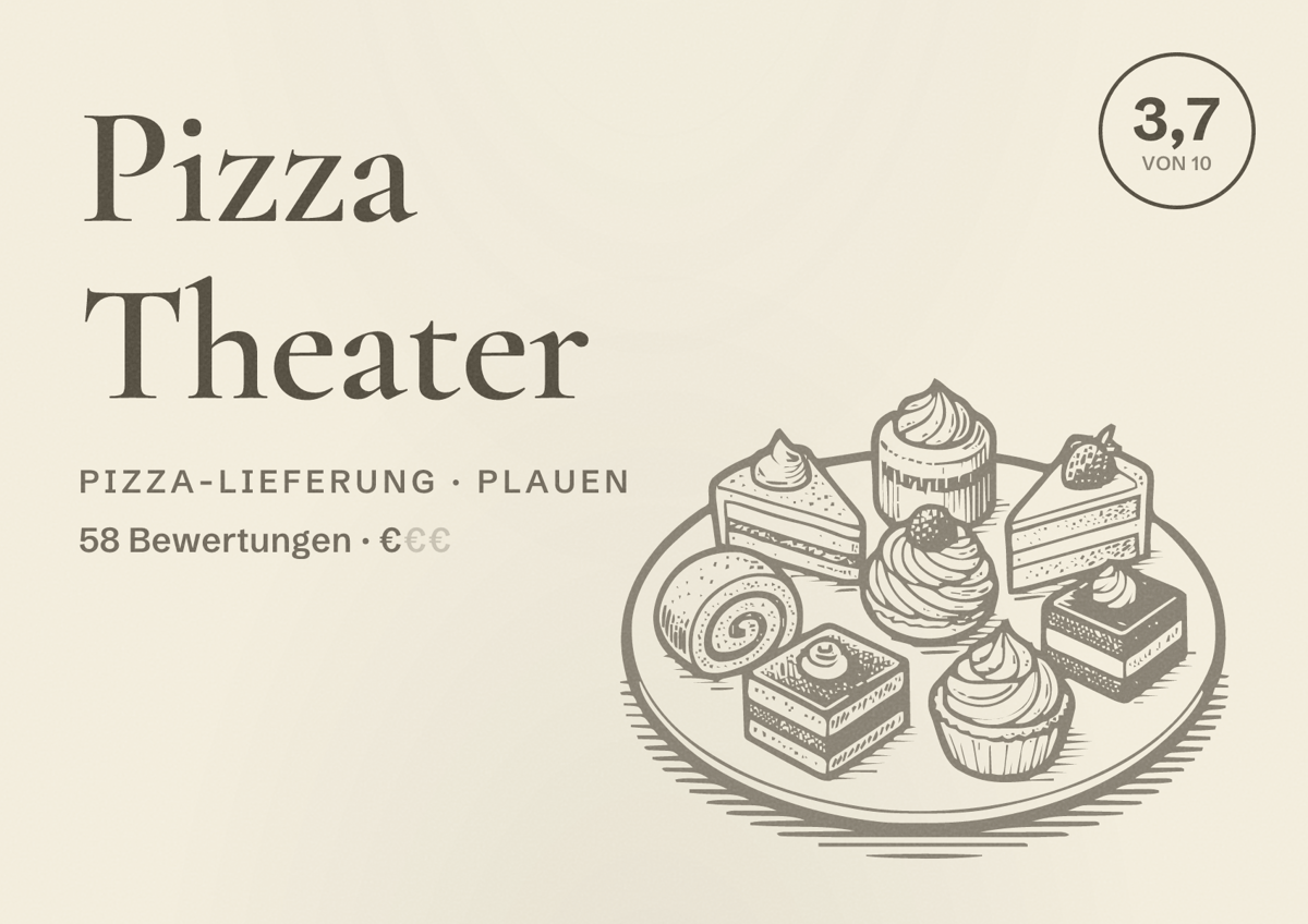 Illustriertes Poster von Pizza Theater, Pizza-Lieferung in Plauen: Bewertung 3,7 von 10 aus 58 Bewertungen, Preisniveau €