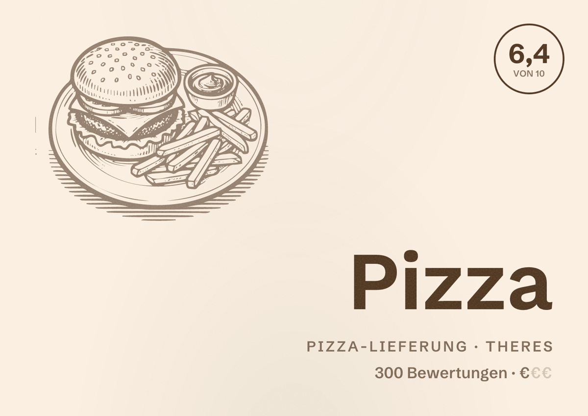 Illustriertes Poster von Pizza, Pizza-Lieferung in Theres: Bewertung 6,4 von 10 aus 300 Bewertungen, Preisniveau €