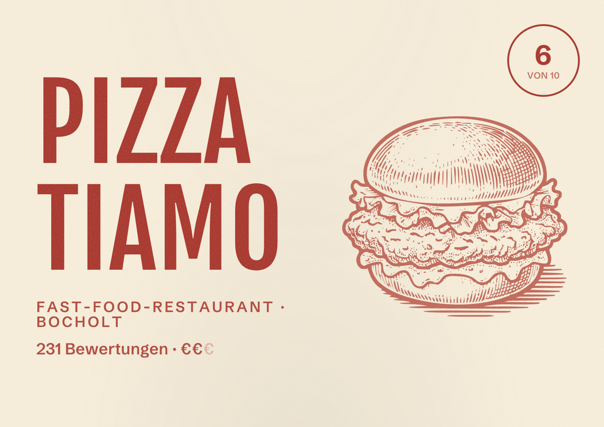 Illustriertes Poster von Pizza Tiamo, Fast-Food-Restaurant in Bocholt: Bewertung 6,0 von 10 aus 231 Bewertungen, Preisniveau €€