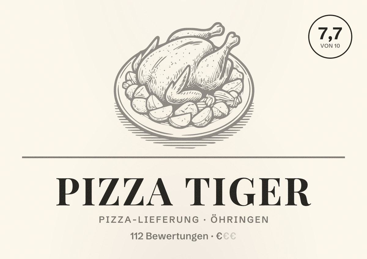 Illustriertes Poster von Pizza Tiger, Pizza-Lieferung in Öhringen: Bewertung 7,7 von 10 aus 112 Bewertungen, Preisniveau €
