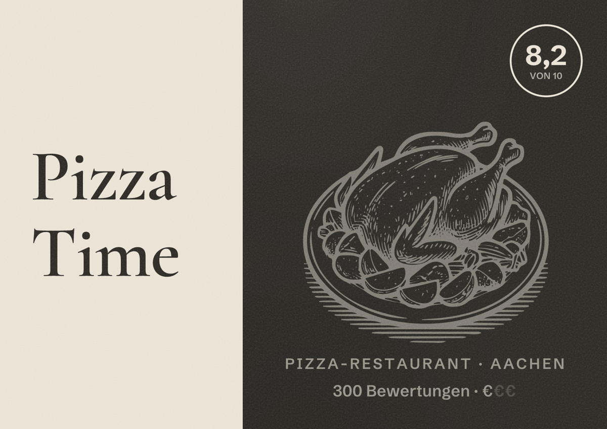 Illustriertes Poster von Pizza Time, Pizza-Restaurant in Aachen: Bewertung 8,2 von 10 aus 300 Bewertungen, Preisniveau €