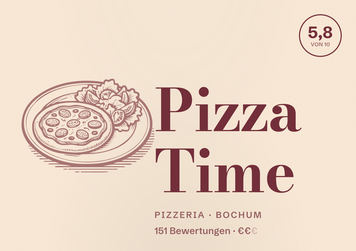Illustriertes Poster von Pizza Time, Pizzeria in Bochum: Bewertung 5,8 von 10 aus 151 Bewertungen, Preisniveau €€