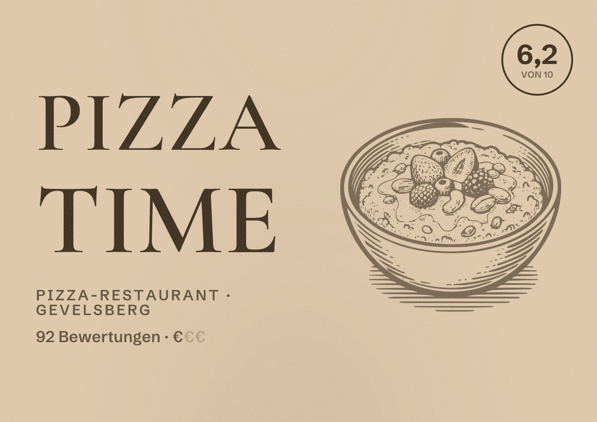 Illustriertes Poster von Pizza Time, Pizza-Restaurant in Gevelsberg: Bewertung 6,2 von 10 aus 92 Bewertungen, Preisniveau €