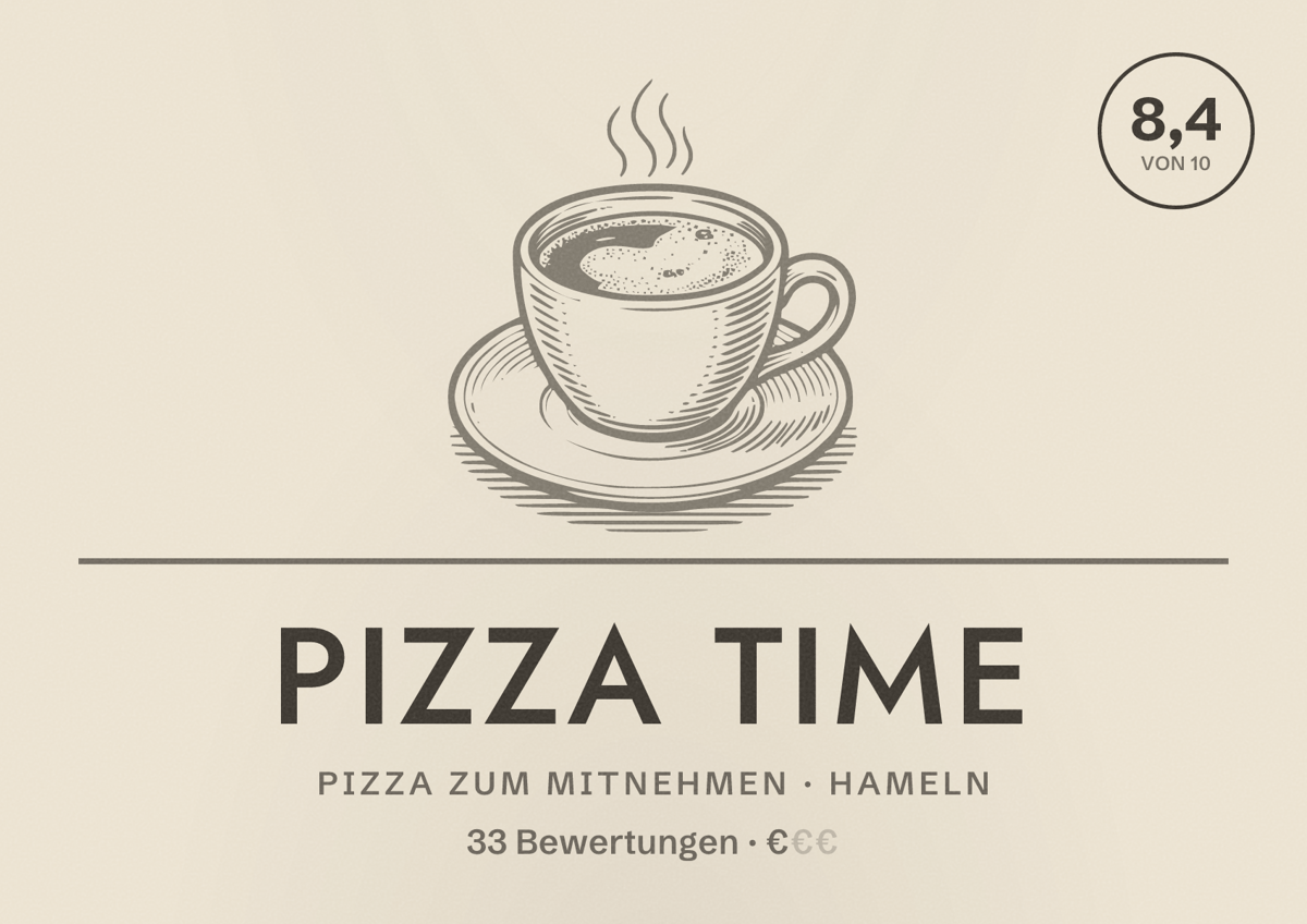 Illustriertes Poster von Pizza Time, Pizza zum Mitnehmen in Hameln: Bewertung 8,4 von 10 aus 33 Bewertungen, Preisniveau €