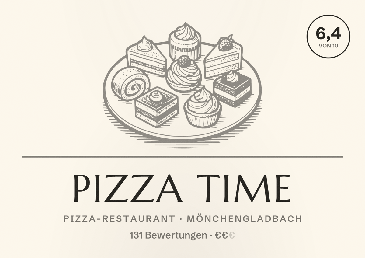 Illustriertes Poster von Pizza Time, Pizza-Restaurant in Mönchengladbach: Bewertung 6,4 von 10 aus 131 Bewertungen, Preisniveau €€