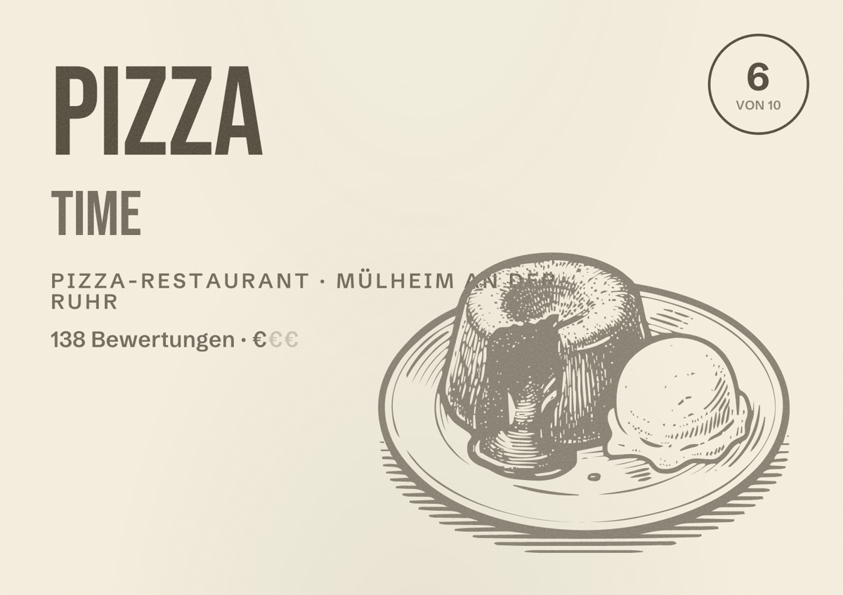 Illustriertes Poster von Pizza Time, Pizza-Restaurant in Mülheim an der Ruhr: Bewertung 6 von 10 aus 138 Bewertungen, Preisniveau €