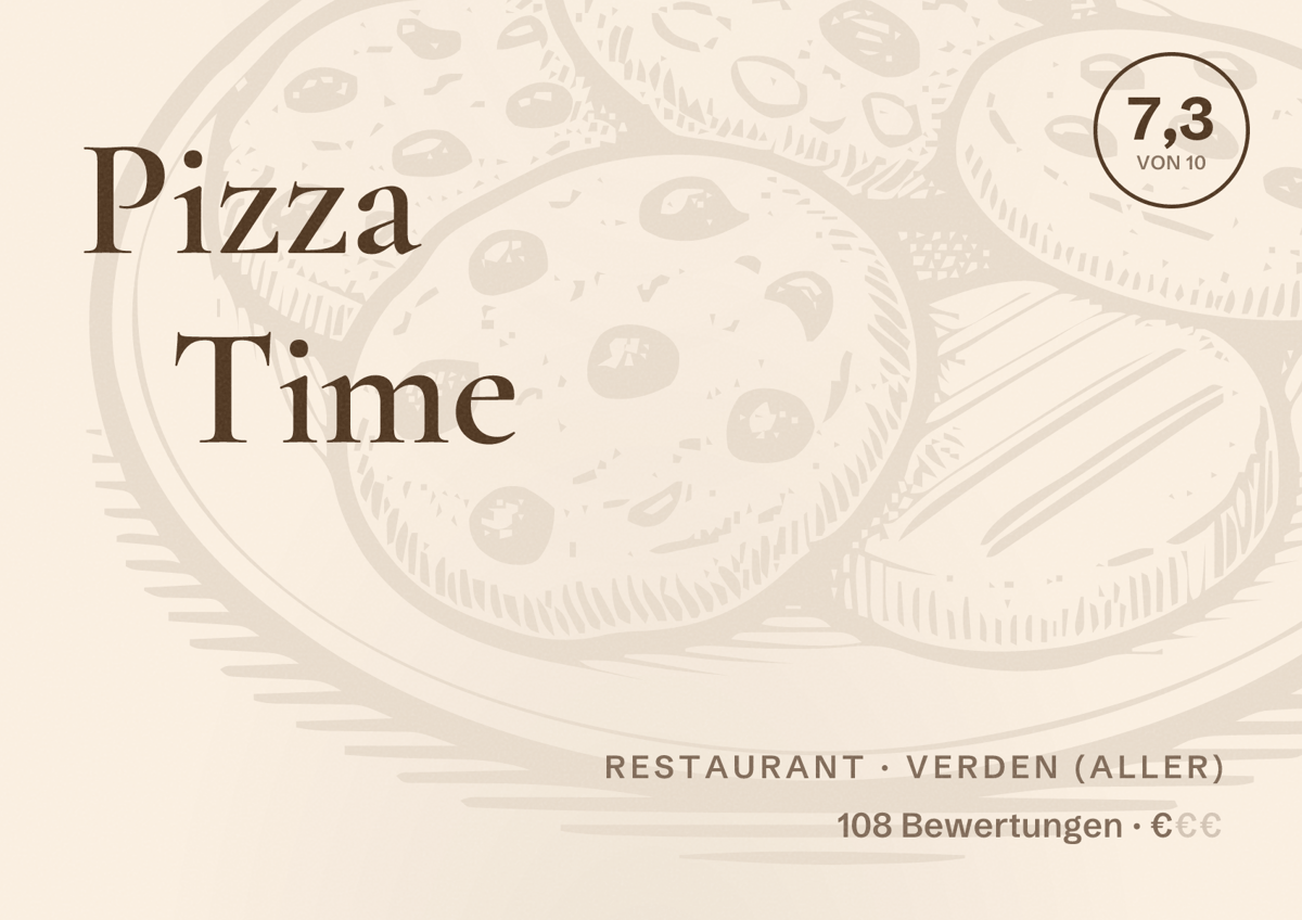 Illustriertes Poster von Pizza Time, Restaurant in Verden (Aller): Bewertung 7,3 von 10 aus 108 Bewertungen, Preisniveau €