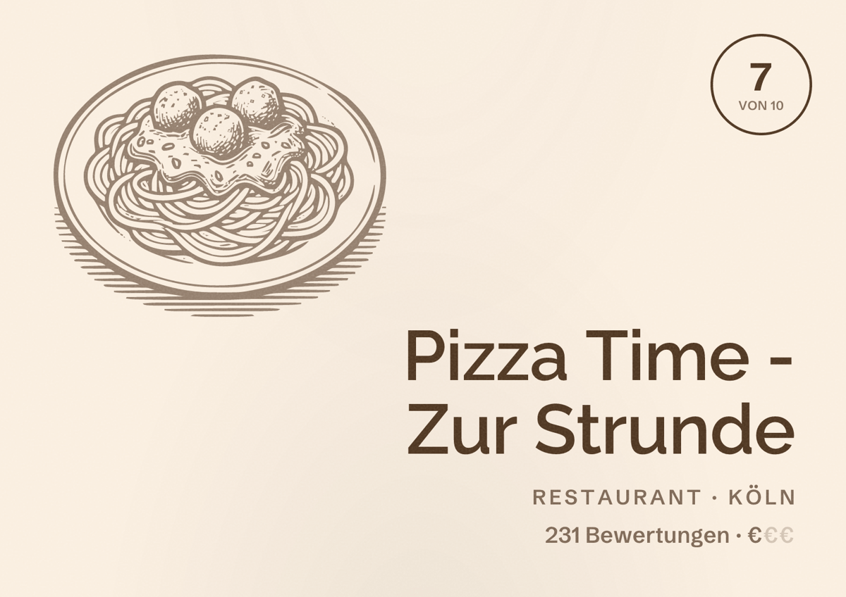 Illustriertes Poster von Pizza Time - Zur Strunde, Restaurant in Köln: Bewertung 7,0 von 10 aus 231 Bewertungen, Preisniveau €