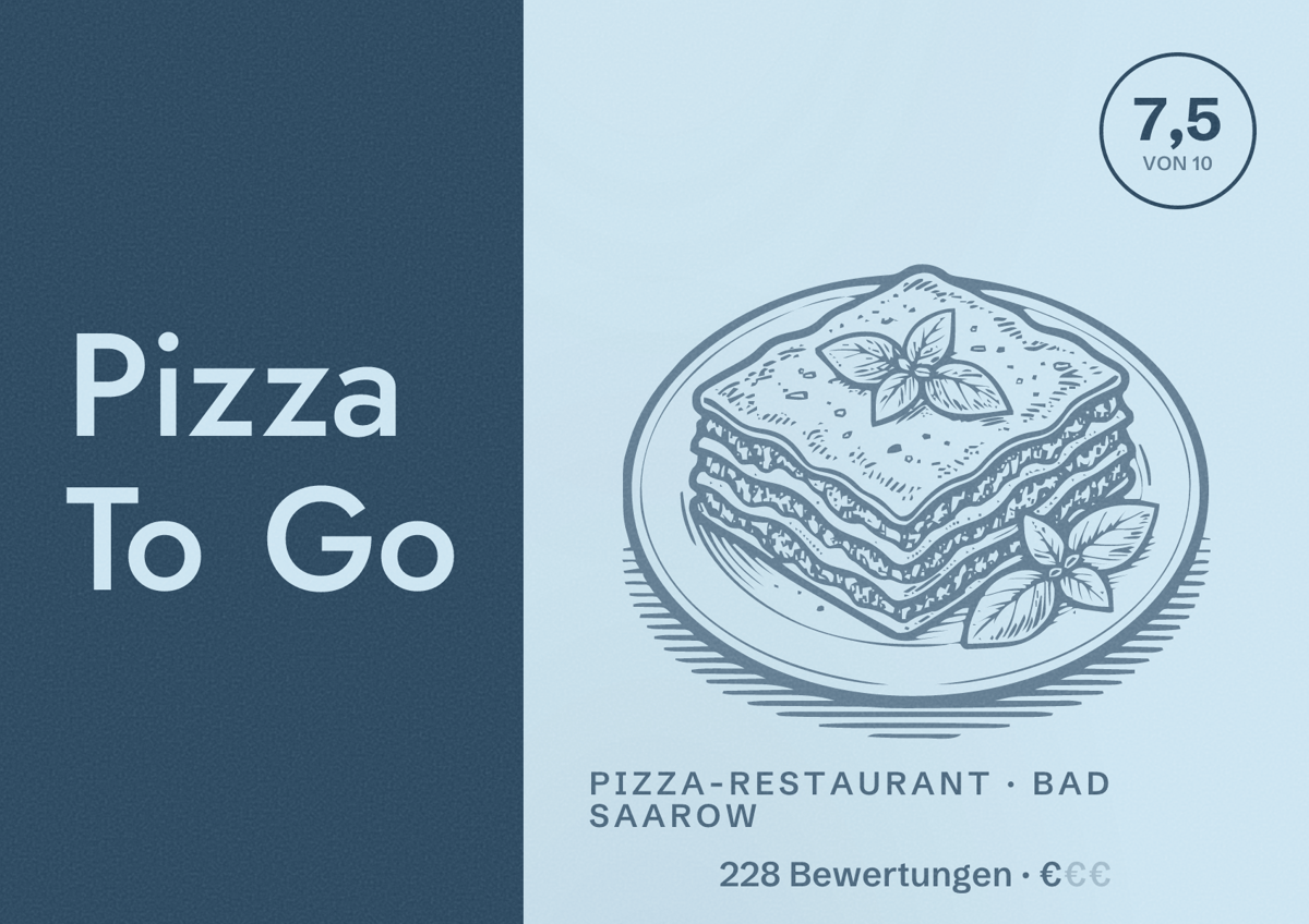 Illustriertes Poster von Pizza To Go, Pizza-Restaurant in Bad Saarow: Bewertung 7,5 von 10 aus 228 Bewertungen, Preisniveau €