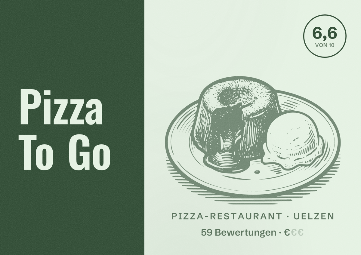 Illustriertes Poster von Pizza To Go, Pizza-Restaurant in Uelzen: Bewertung 6,6 von 10 aus 59 Bewertungen, Preisniveau €