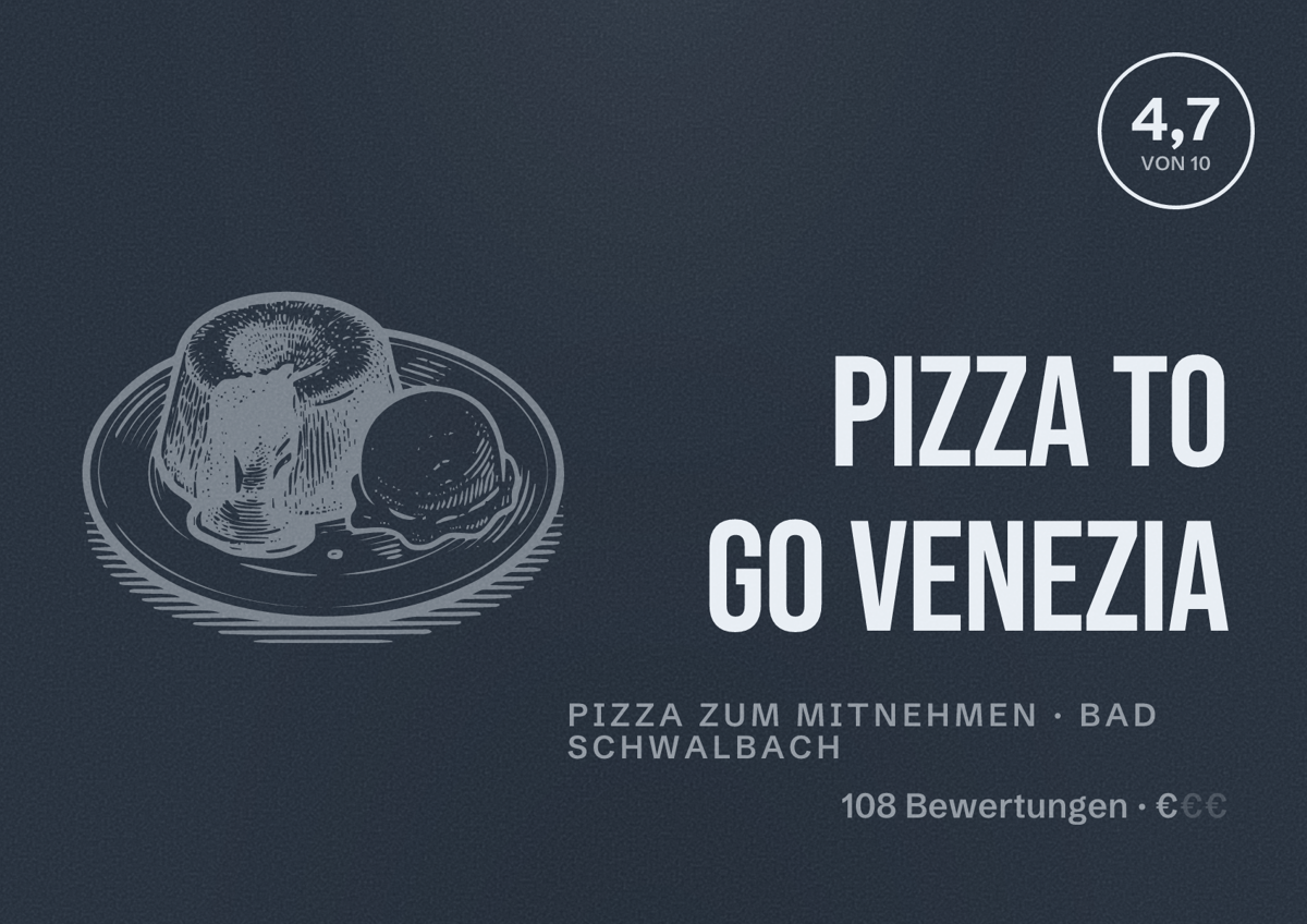 Illustriertes Poster von Pizza to Go Venezia, Pizza zum Mitnehmen in Bad Schwalbach: Bewertung 4,7 von 10 aus 108 Bewertungen, Preisniveau €