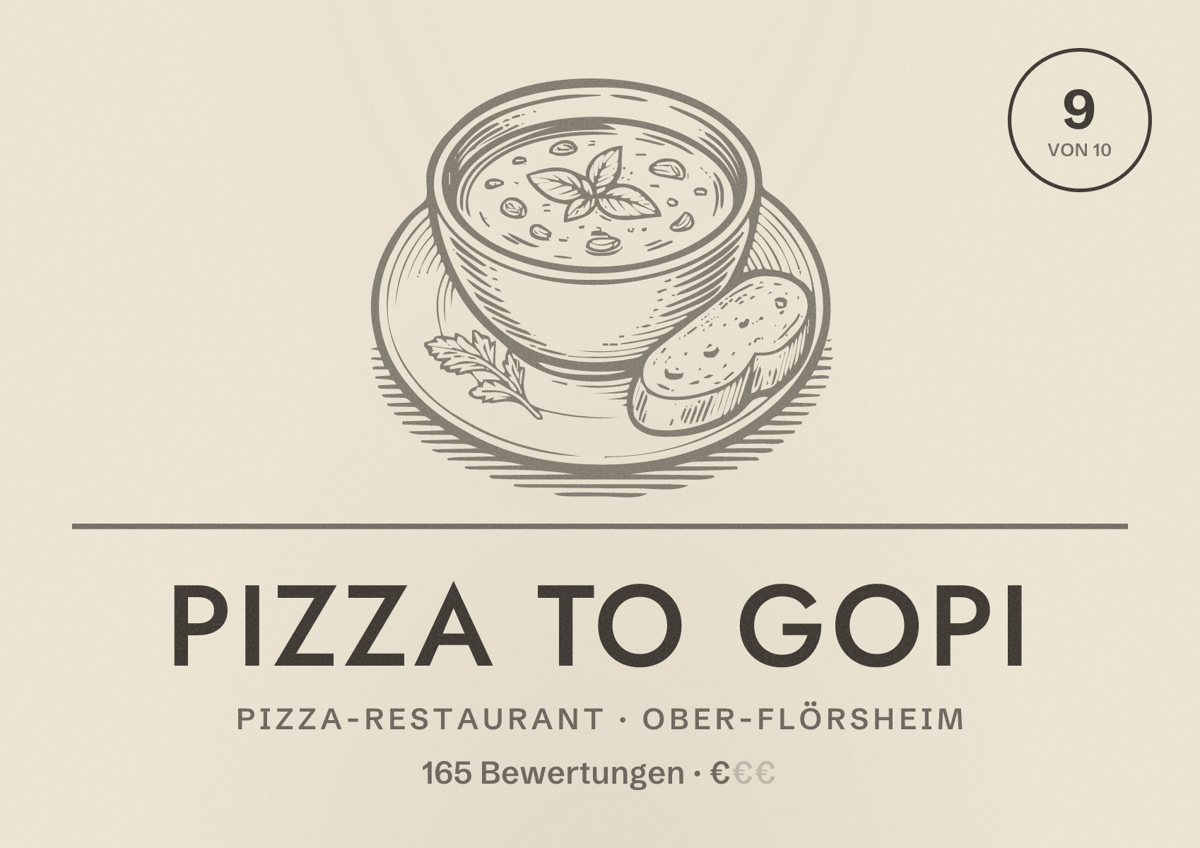 Illustriertes Poster von Pizza to Gopi, Pizza-Restaurant in Ober-Flörsheim: Bewertung 9 von 10 aus 165 Bewertungen, Preisniveau €