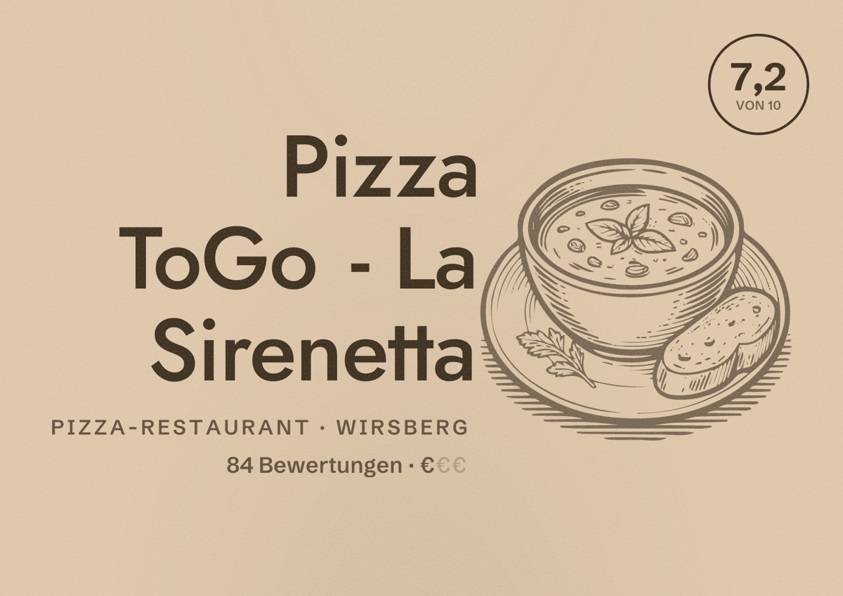 Illustriertes Poster von Pizza ToGo - La Sirenetta, Pizza-Restaurant in Wirsberg: Bewertung 7,2 von 10 aus 84 Bewertungen, Preisniveau €