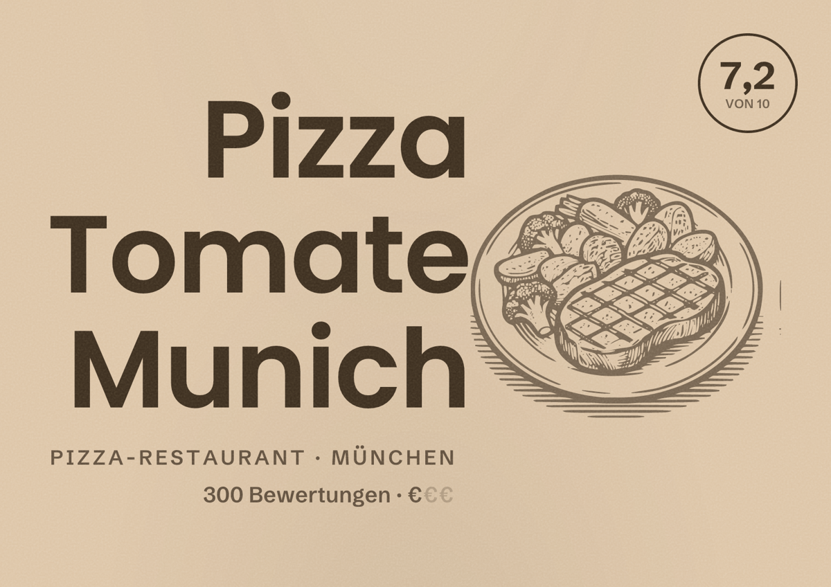 Illustriertes Poster von Pizza Tomate Munich, Pizza-Restaurant in München: Bewertung 7,2 von 10 aus 300 Bewertungen, Preisniveau €
