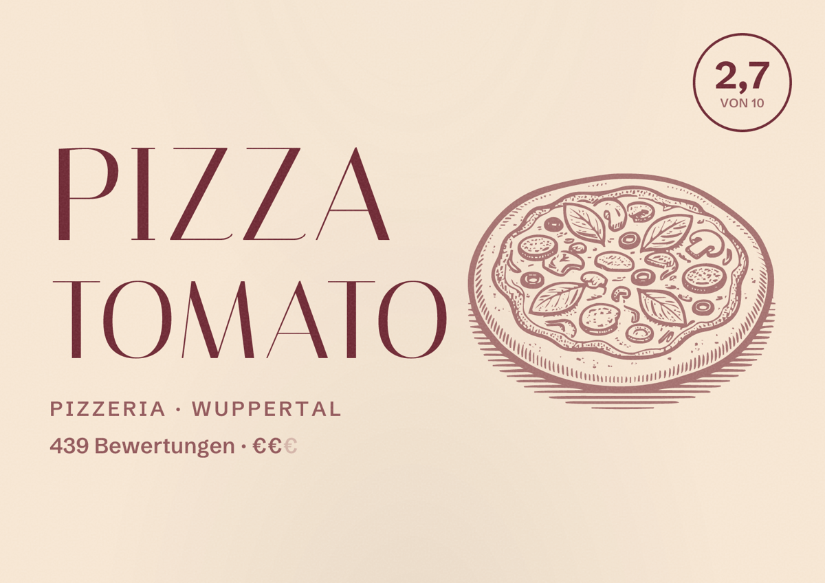Illustriertes Poster von Pizza Tomato, Pizzeria in Wuppertal: Gästebewertung 2,7 von 10 aus 439 Bewertungen