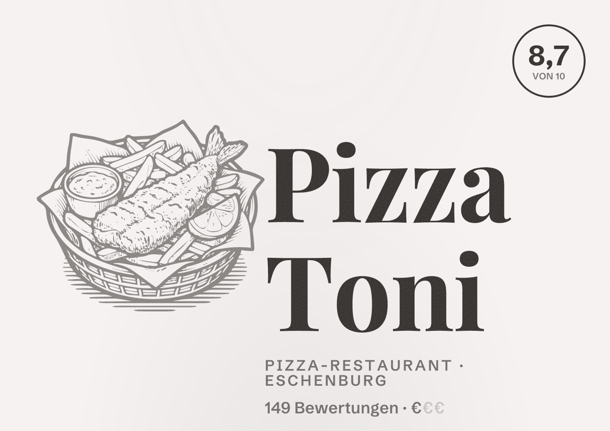 Illustriertes Poster von Pizza Toni, Pizza-Restaurant in Eschenburg: Bewertung 8,7 von 10 aus 149 Bewertungen, Preisniveau €