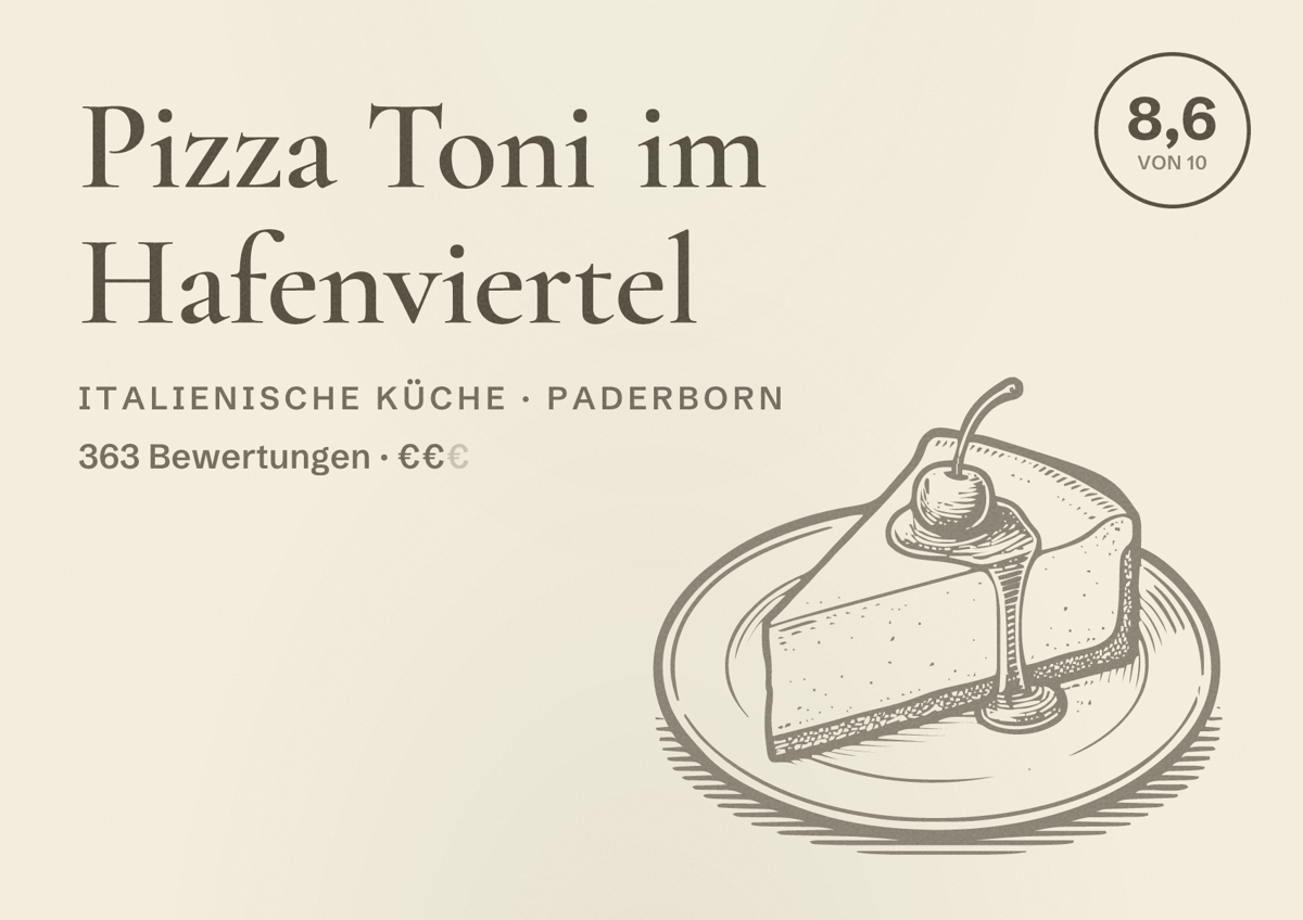 Illustriertes Poster von Pizza Toni im Hafenviertel, Italienische Küche in Paderborn: Bewertung 8,6 von 10 aus 363 Bewertungen, Preisniveau €€