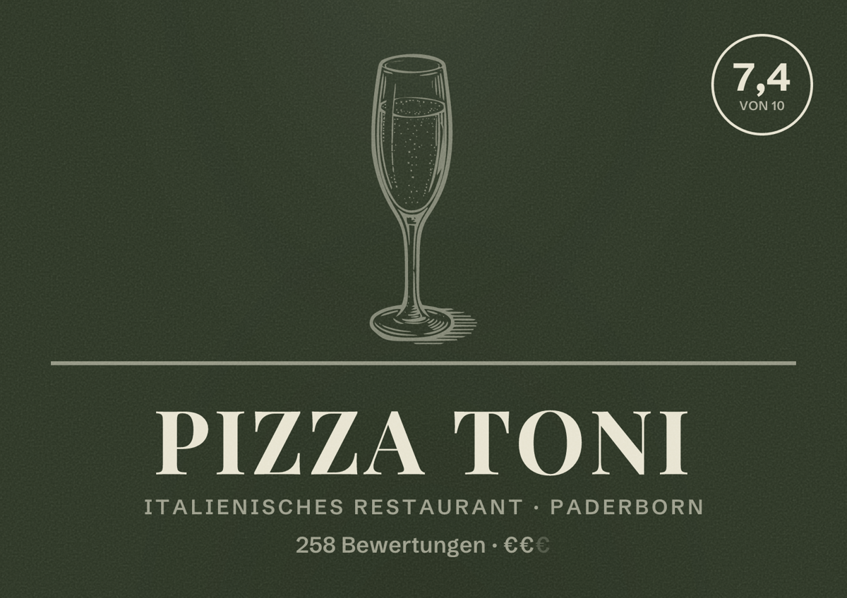 Illustriertes Poster von Pizza Toni, Italienisches Restaurant in Paderborn: Bewertung 7,4 von 10 aus 258 Bewertungen, Preisniveau €€