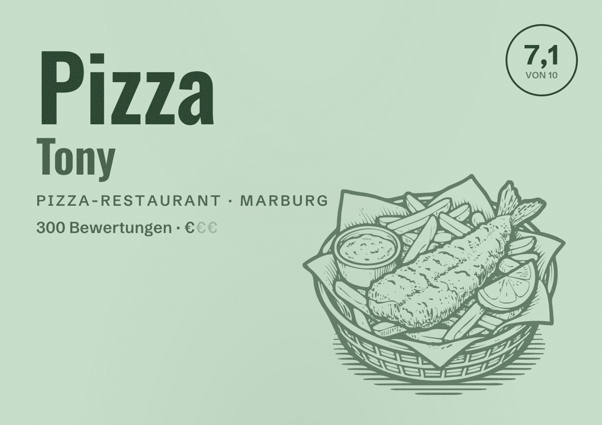 Illustriertes Poster von Pizza Tony, Pizza-Restaurant in Marburg: Bewertung 7,1 von 10 aus 300 Bewertungen, Preisniveau €