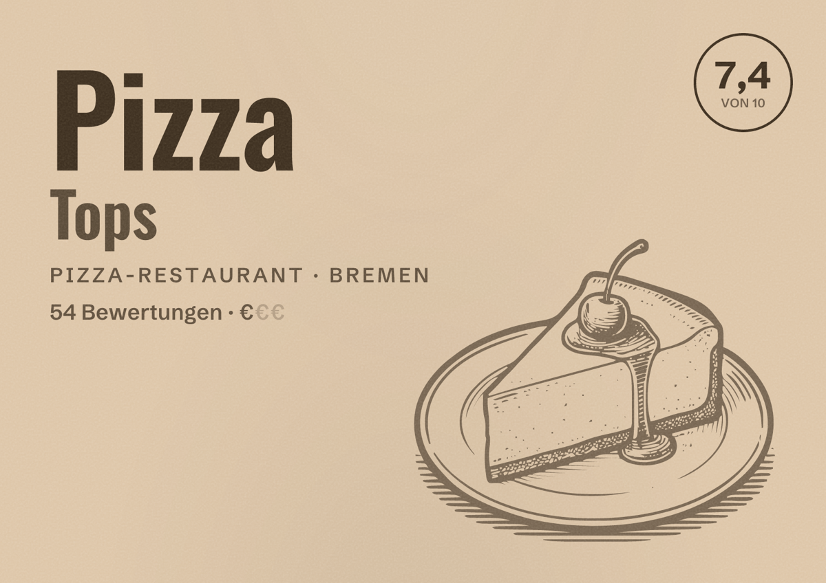 Illustriertes Poster von Pizza Tops, Pizza-Restaurant in Bremen: Bewertung 7,4 von 10 aus 54 Bewertungen, Preisniveau €