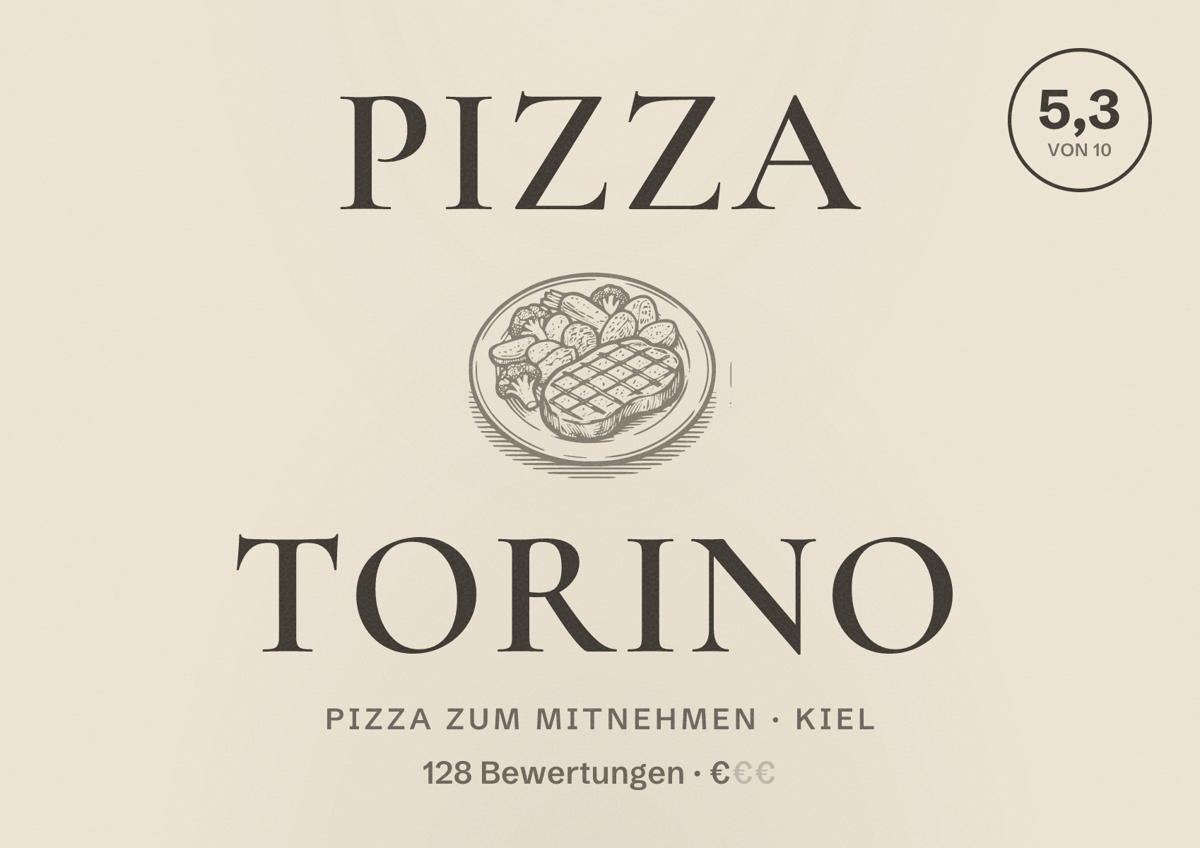 Illustriertes Poster von Pizza Torino, Pizza zum Mitnehmen in Kiel: Bewertung 5,3 von 10 aus 128 Bewertungen, Preisniveau €