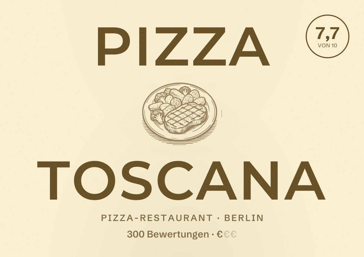 Illustriertes Poster von Pizza Toscana, Pizza-Restaurant in Berlin: Bewertung 7,7 von 10 aus 300 Bewertungen, Preisniveau €
