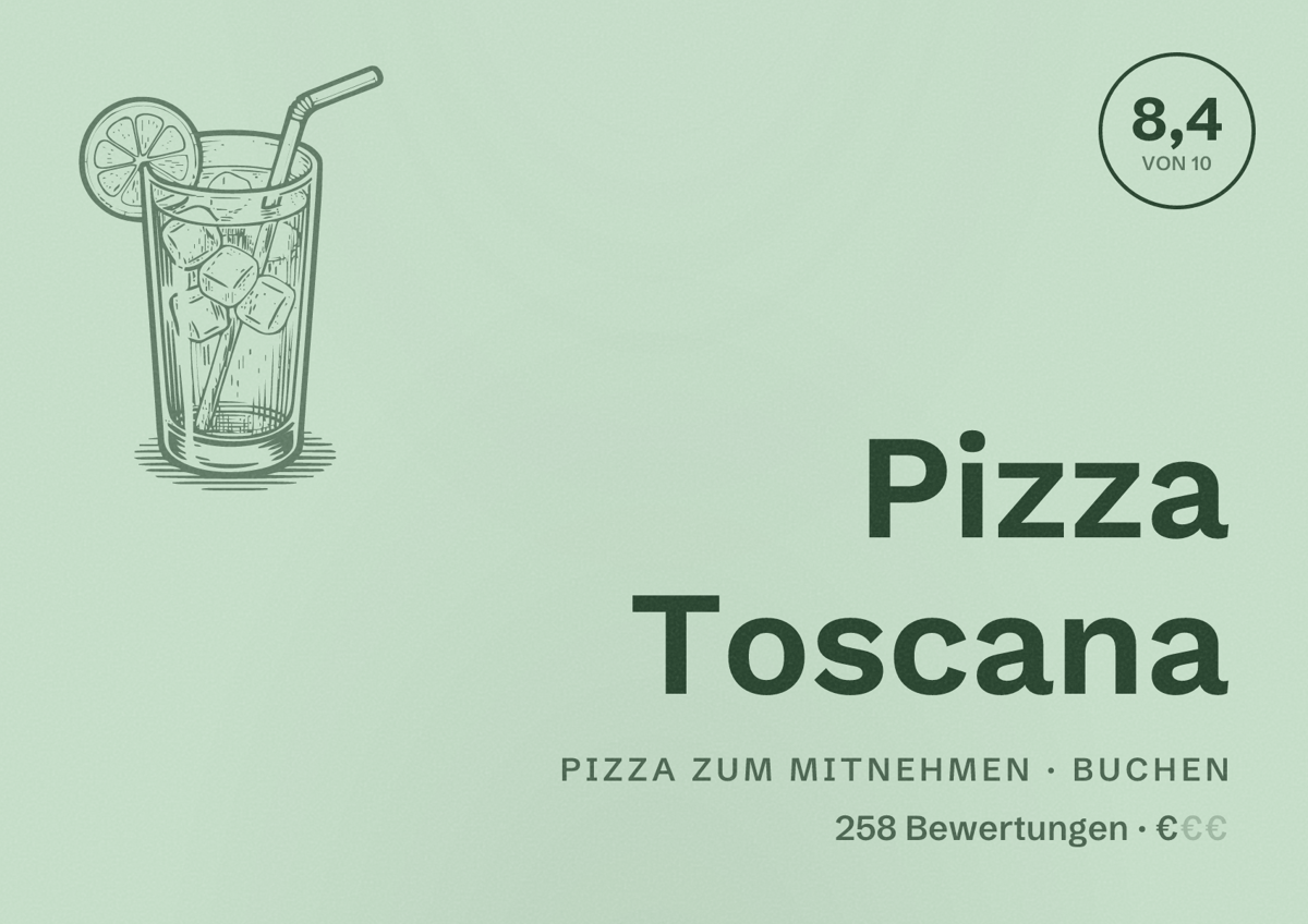 Illustriertes Poster von Pizza Toscana, Pizza zum Mitnehmen in Buchen: Bewertung 8,4 von 10 aus 258 Bewertungen, Preisniveau €