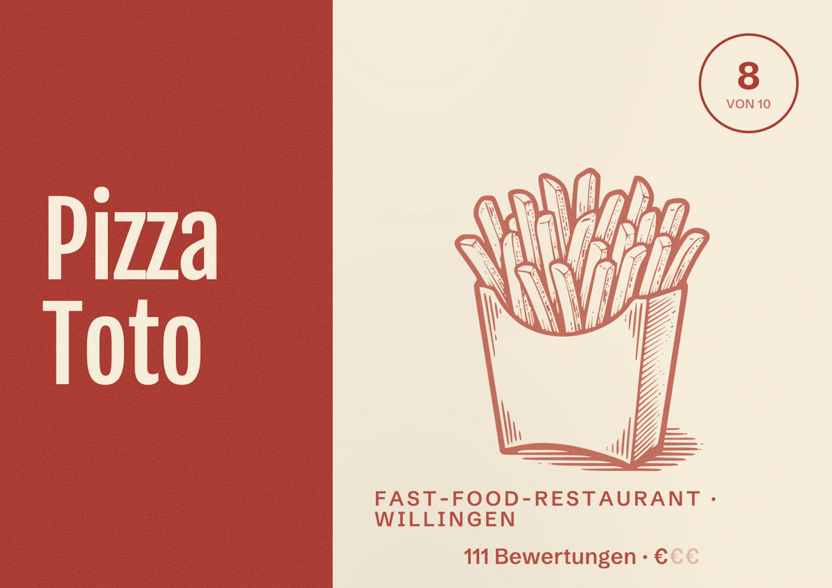 Illustriertes Poster von Pizza Toto, Fast-Food-Restaurant in Willingen: Bewertung 8 von 10 aus 111 Bewertungen, Preisniveau €