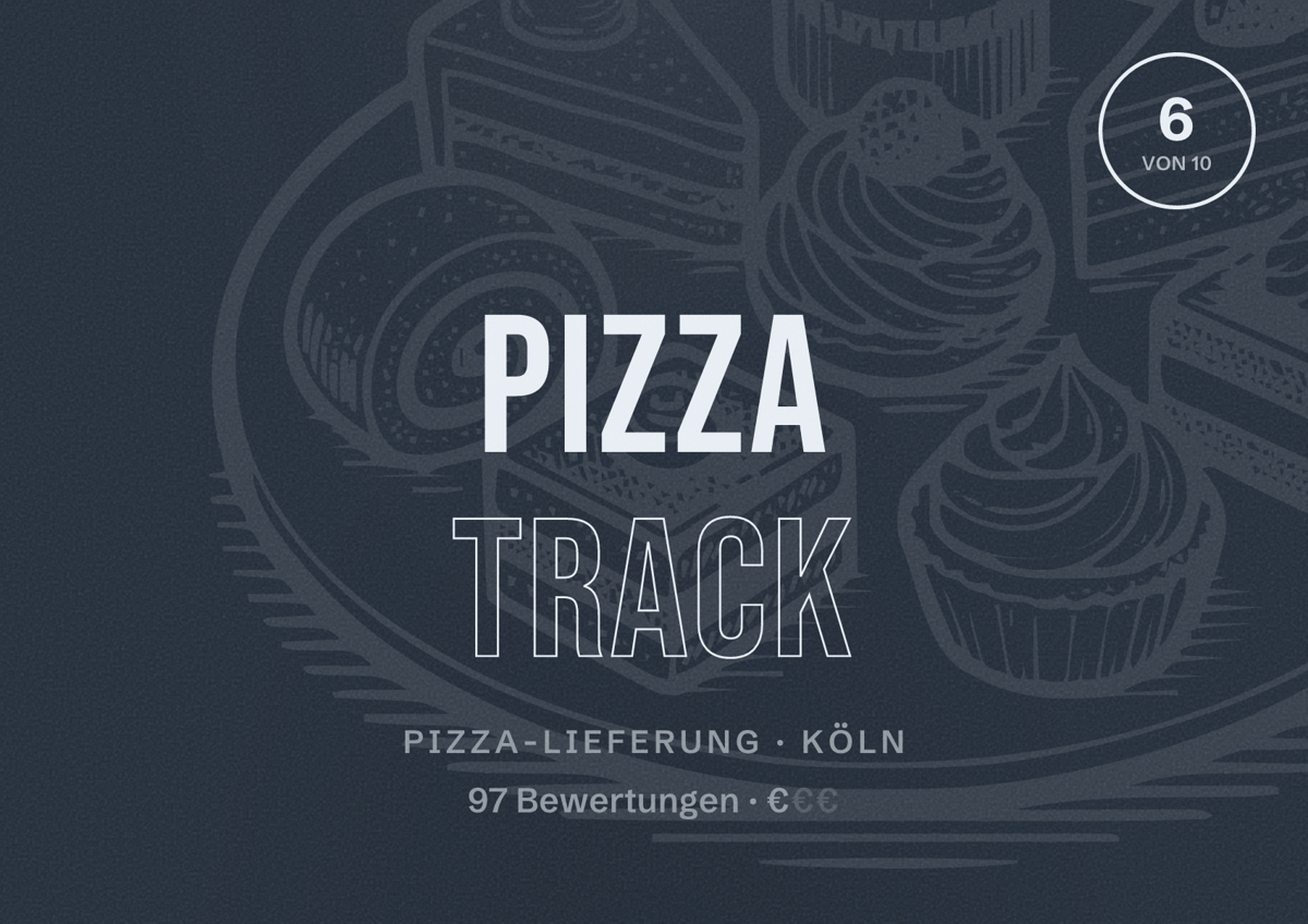 Illustriertes Poster von Pizza Track, Pizza-Lieferung in Köln: Bewertung 6,0 von 10 aus 97 Bewertungen, Preisniveau €