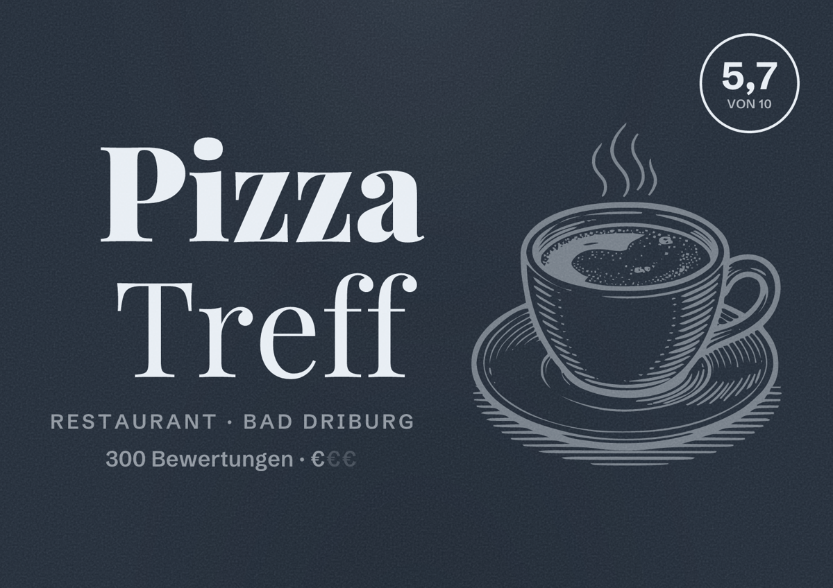 Illustriertes Poster von Pizza Treff, Restaurant in Bad Driburg: Bewertung 5,7 von 10 aus 300 Bewertungen, Preisniveau €