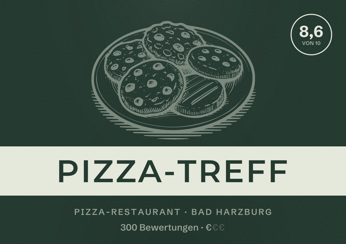 Illustriertes Poster von Pizza-Treff, Pizza-Restaurant in Bad Harzburg: Bewertung 8,6 von 10 aus 300 Bewertungen, Preisniveau €