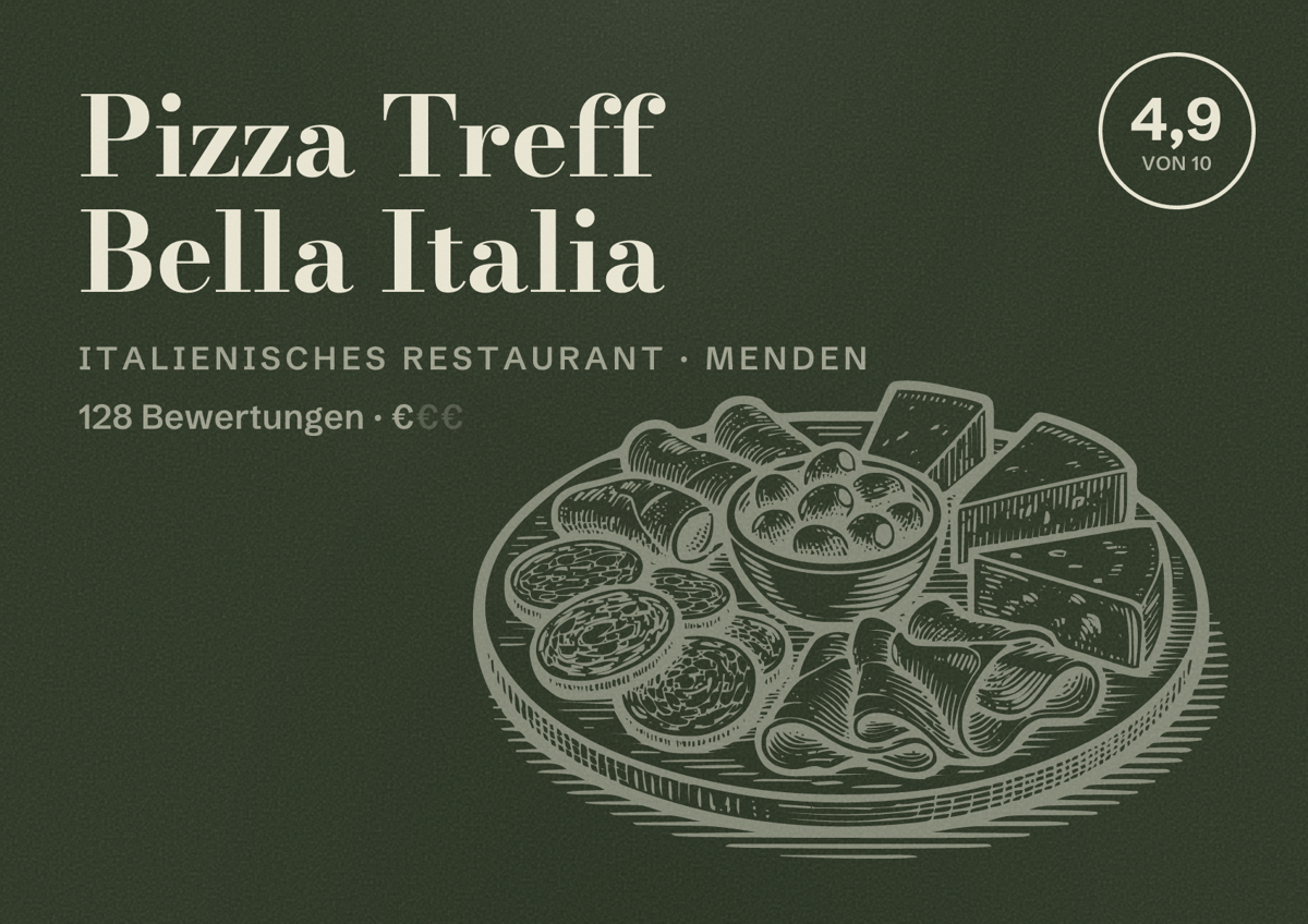 Illustriertes Poster von Pizza Treff Bella Italia, Italienisches Restaurant in Menden: Bewertung 4,9 von 10 aus 128 Bewertungen, Preisniveau €