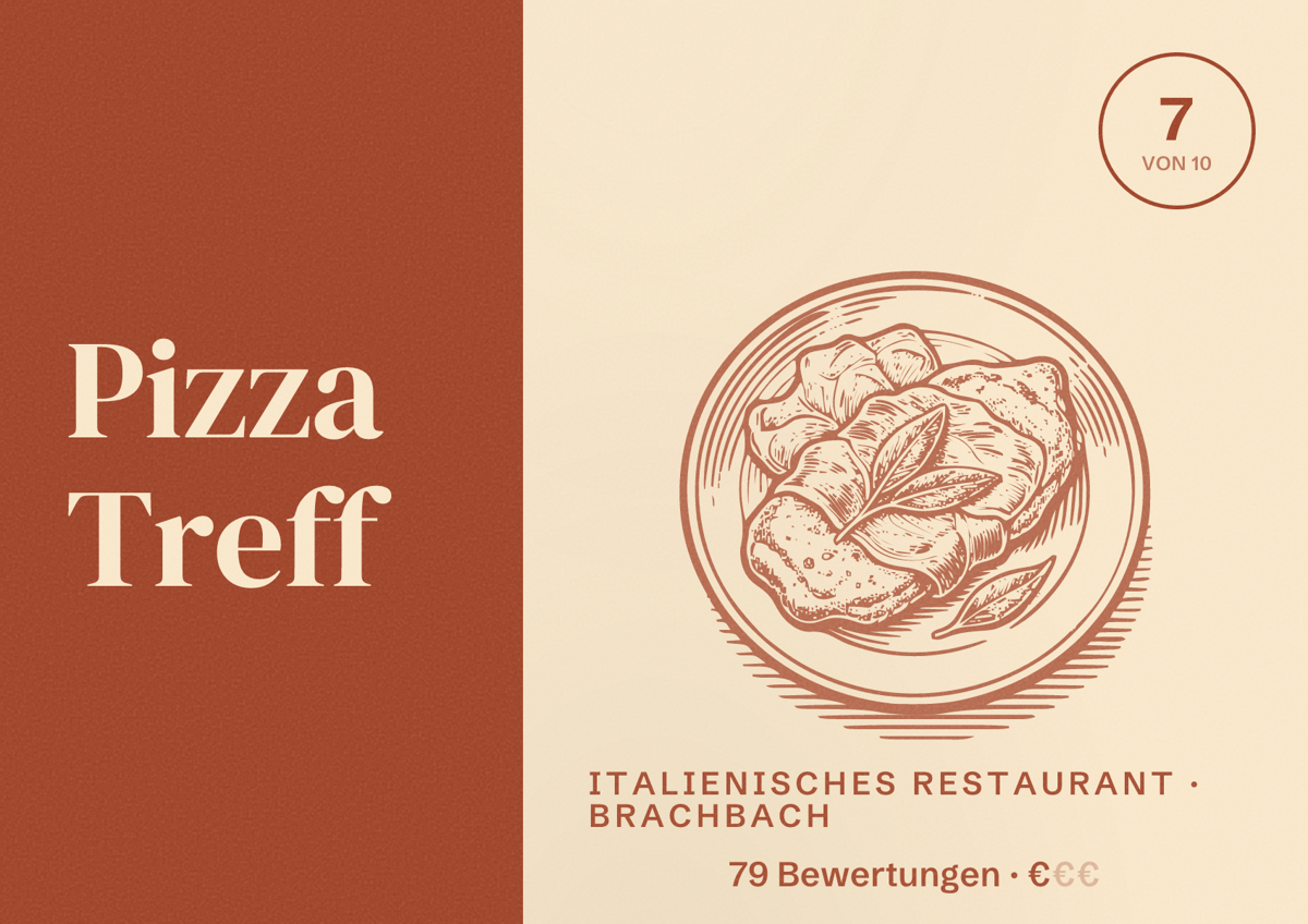 Illustriertes Poster von Pizza Treff, Italienisches Restaurant in Brachbach: Bewertung 7 von 10 aus 79 Bewertungen, Preisniveau €
