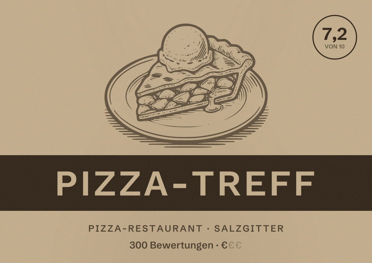 Illustriertes Poster von Pizza-Treff, Pizza-Restaurant in Salzgitter: Bewertung 7,2 von 10 aus 300 Bewertungen, Preisniveau €