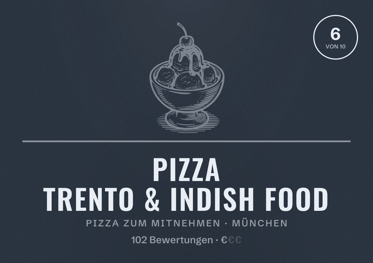 Illustriertes Poster von Pizza Trento & Indish Food, Pizza zum Mitnehmen in München: Bewertung 6,0 von 10 aus 102 Bewertungen, Preisniveau €