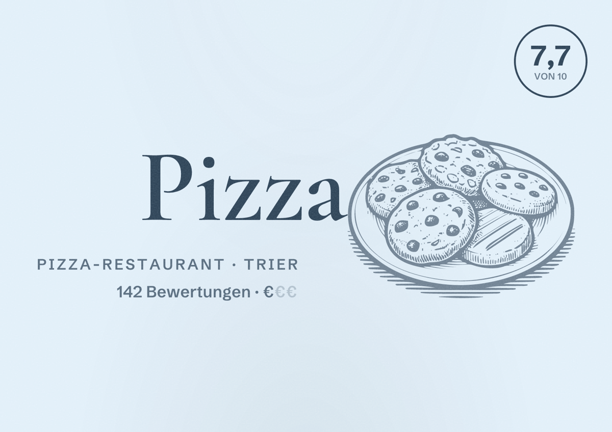 Illustriertes Poster von Pizza, Pizza-Restaurant in Trier: Bewertung 7,7 von 10 aus 142 Bewertungen, Preisniveau €