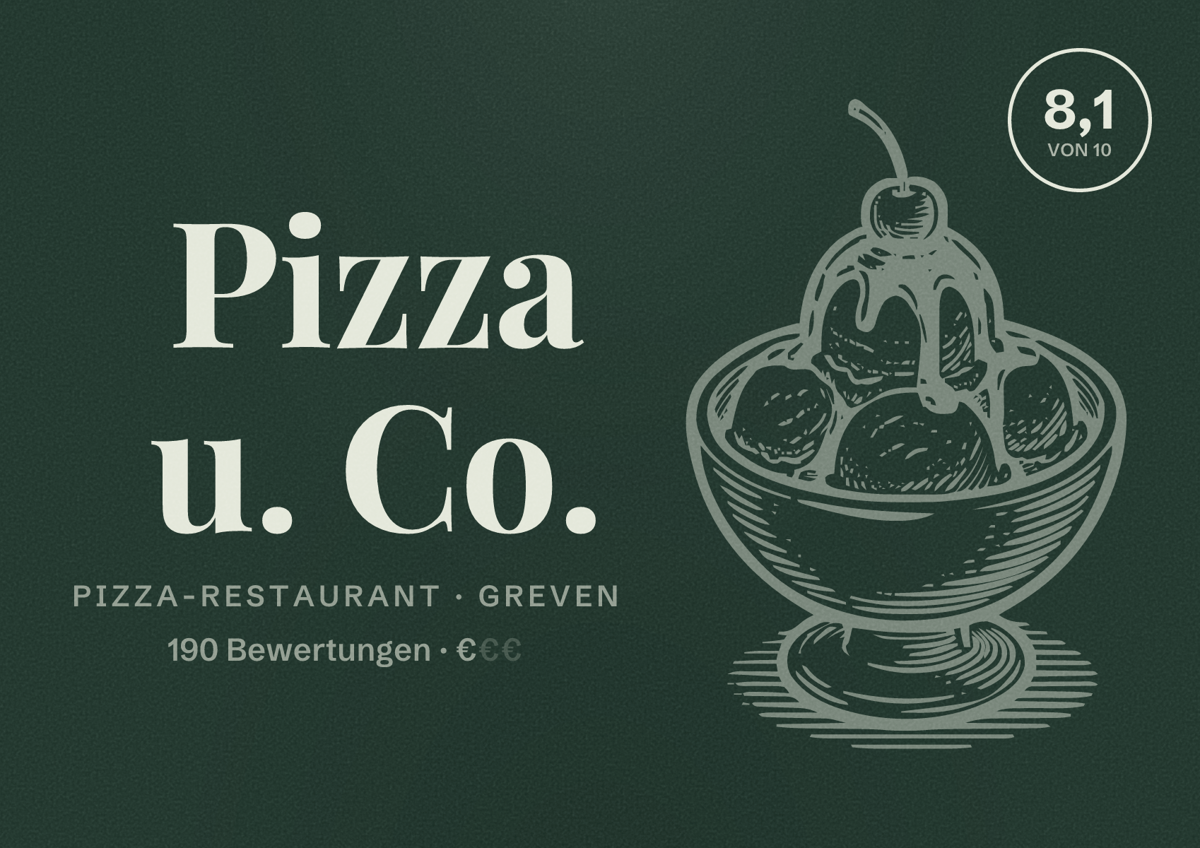 Illustriertes Poster von Pizza u. Co., Pizza-Restaurant in Greven: Bewertung 8,1 von 10 aus 190 Bewertungen, Preisniveau €