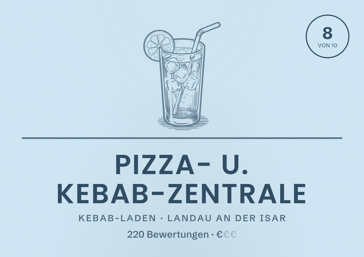 Illustriertes Poster von Pizza- u. Kebab-Zentrale, Kebab-Laden in Landau an der Isar: Bewertung 8 von 10 aus 220 Bewertungen, Preisniveau €