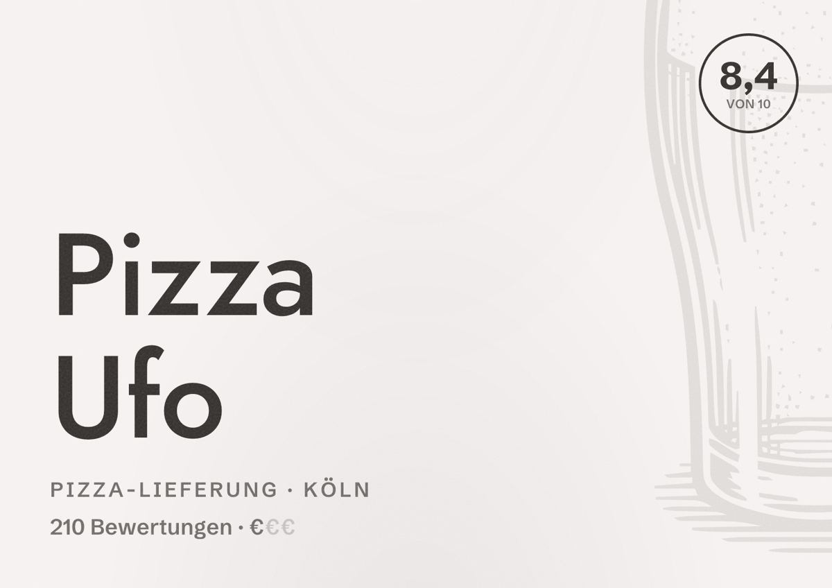 Illustriertes Poster von Pizza Ufo, Pizza-Lieferung in Köln: Bewertung 8,4 von 10 aus 210 Bewertungen, Preisniveau €