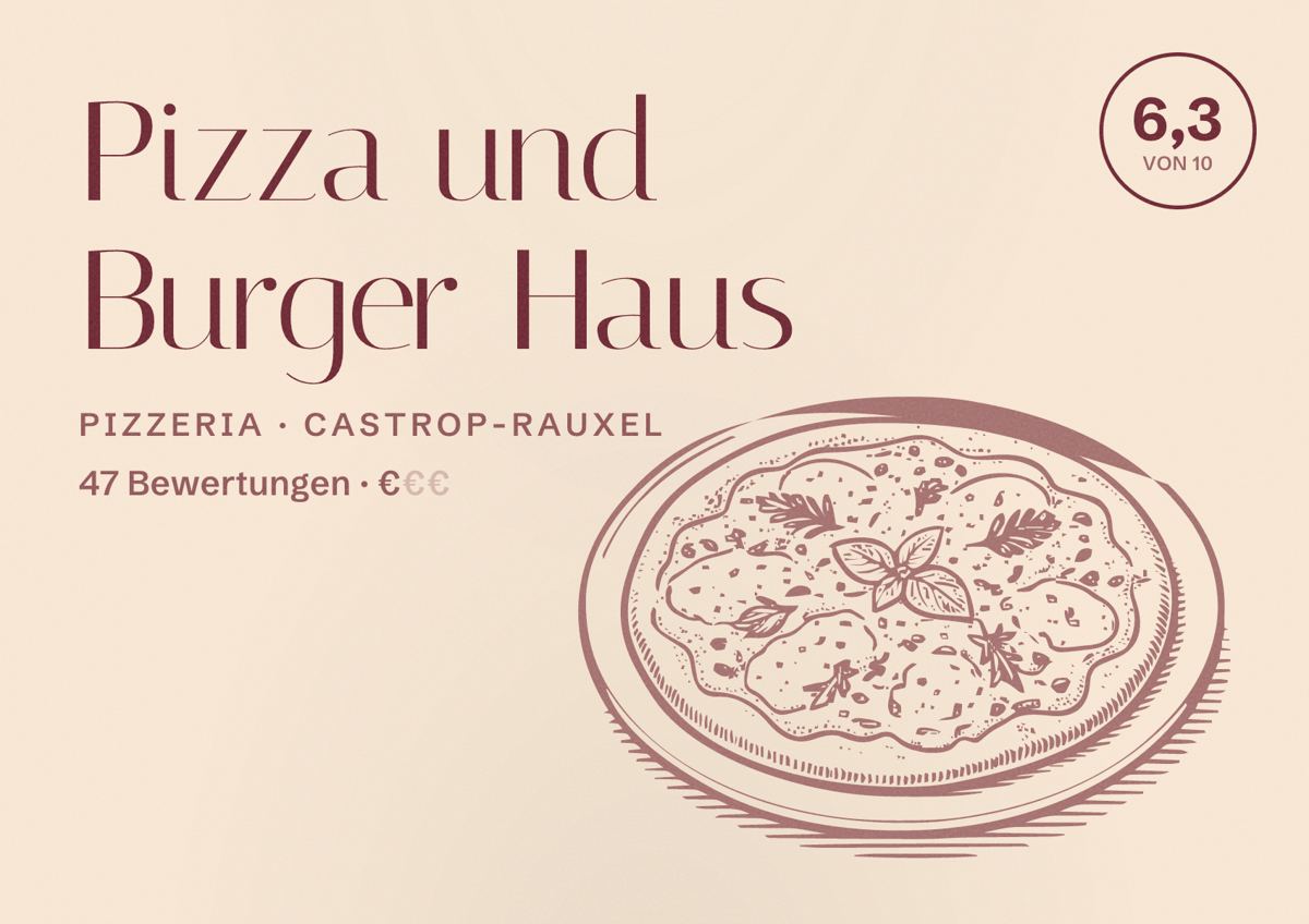 Illustriertes Poster von Pizza und Burger Haus, Pizzeria in Castrop-Rauxel: Bewertung 6,3 von 10 aus 47 Bewertungen, Preisniveau €