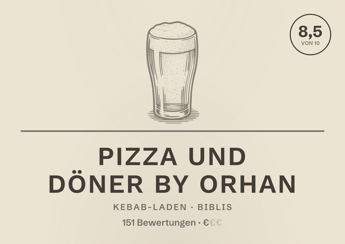 Illustriertes Poster von Pizza und Döner by Orhan, Kebab-Laden in Biblis: Bewertung 8,5 von 10 aus 151 Bewertungen, Preisniveau €
