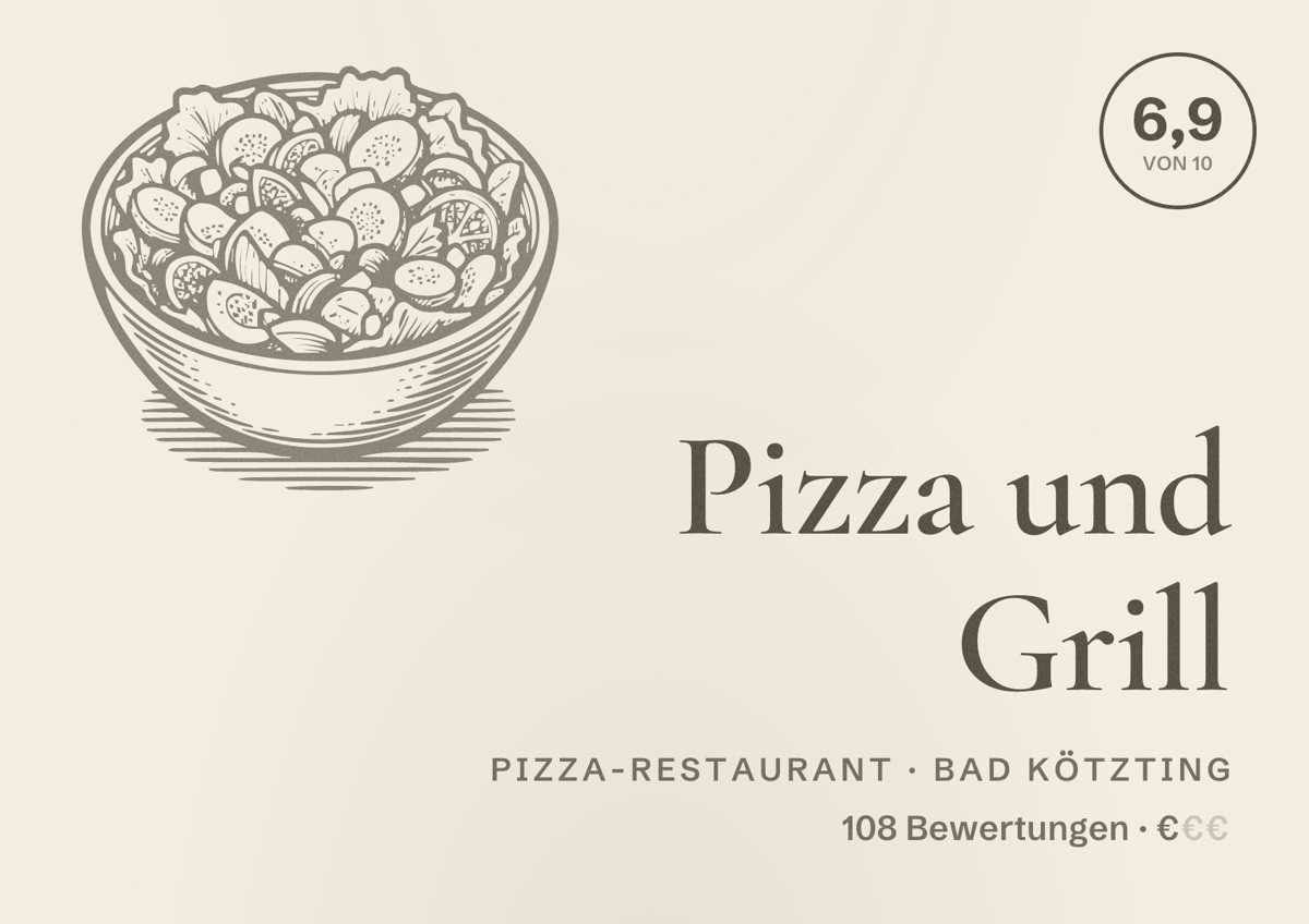Illustriertes Poster von Pizza und Grill, Pizza-Restaurant in Bad Kötzting: Bewertung 6,9 von 10 aus 108 Bewertungen, Preisniveau €