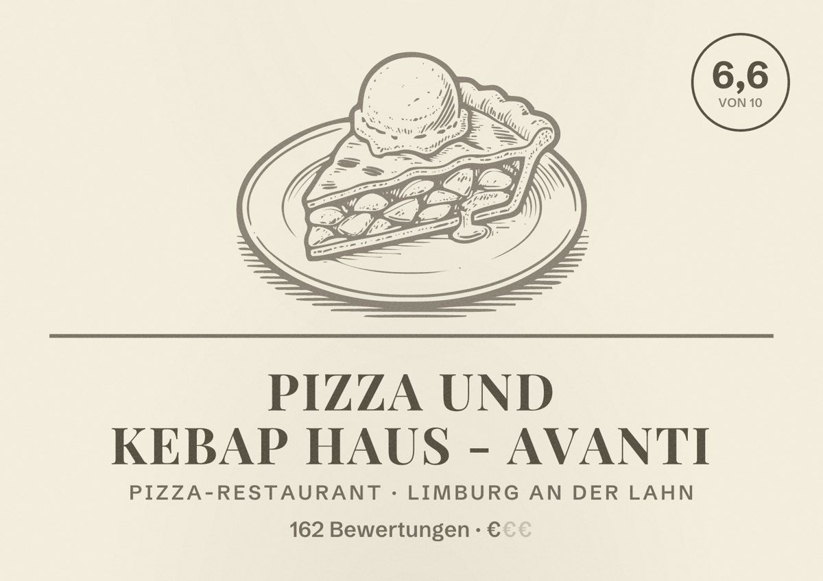 Illustriertes Poster von Pizza und Kebap Haus - Avanti, Pizza-Restaurant in Limburg an der Lahn: Bewertung 6,6 von 10 aus 162 Bewertungen, Preisniveau €