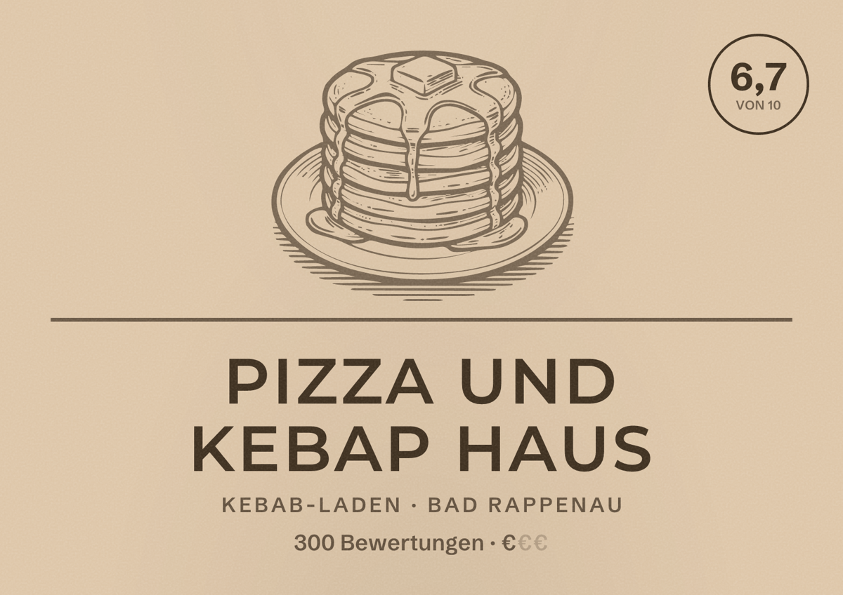 Illustriertes Poster von Pizza und Kebap Haus, Kebab-Laden in Bad Rappenau: Bewertung 6,7 von 10 aus 300 Bewertungen, Preisniveau €