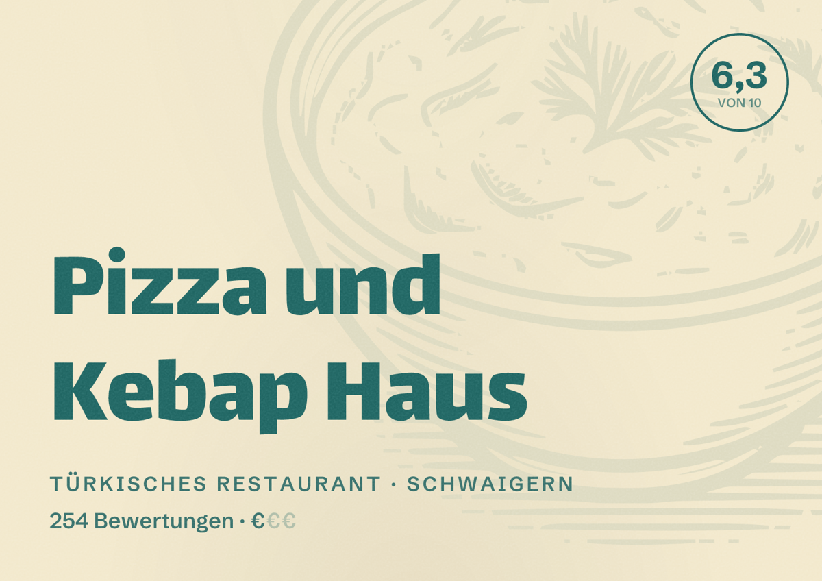 Illustriertes Poster von Pizza und Kebap Haus, Türkisches Restaurant in Schwaigern: Bewertung 6,3 von 10 aus 254 Bewertungen, Preisniveau €