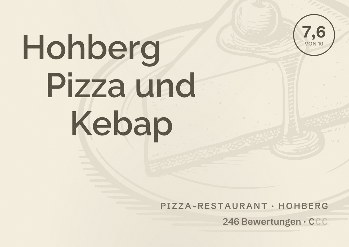 Illustriertes Poster von Hohberg Pizza und Kebap, Pizza-Restaurant in Hohberg: Bewertung 7,6 von 10 aus 246 Bewertungen, Preisniveau €