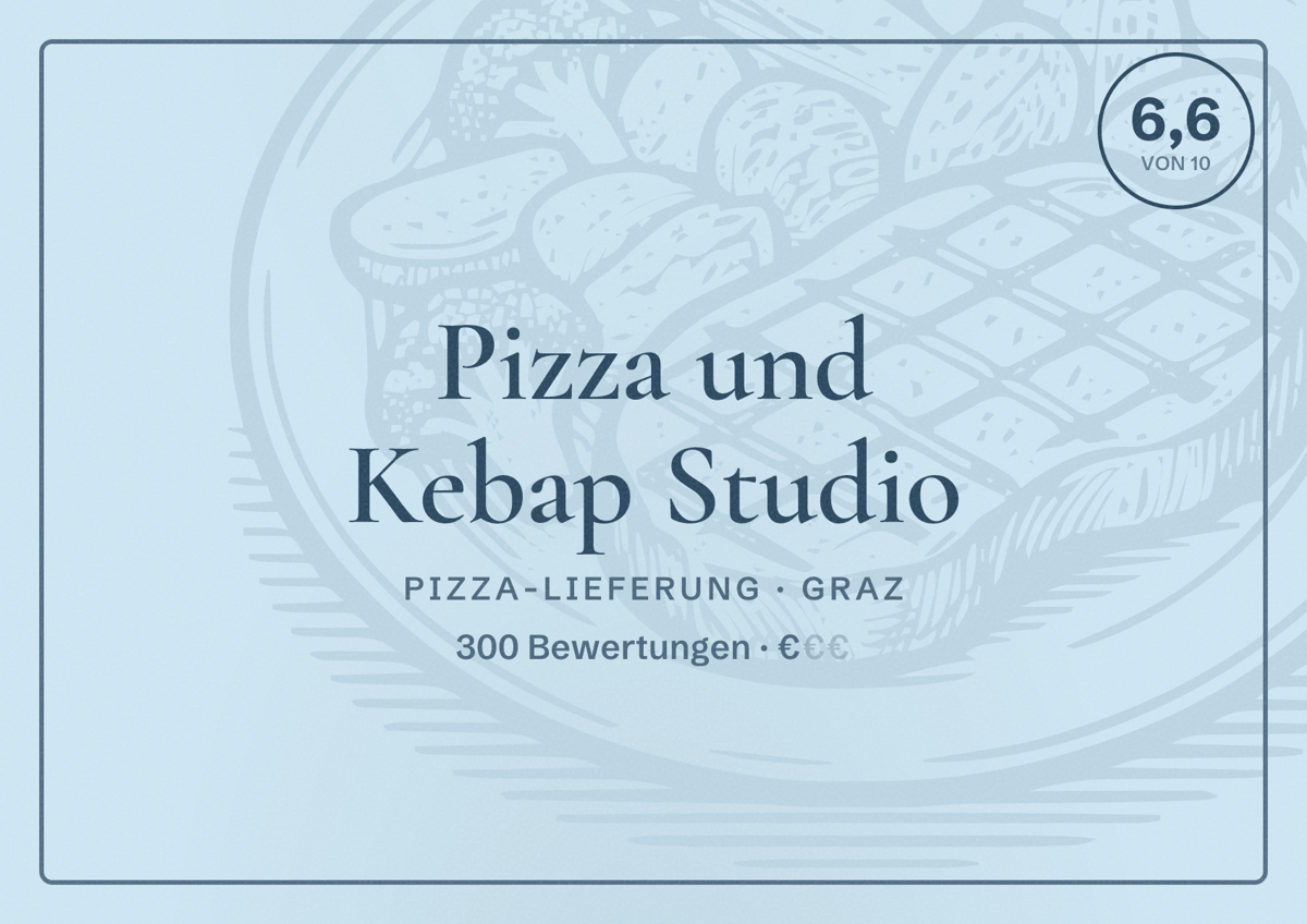 Illustriertes Poster von Pizza und Kebap Studio, Pizza-Lieferung in Graz: Bewertung 6,6 von 10 aus 300 Bewertungen, Preisniveau €