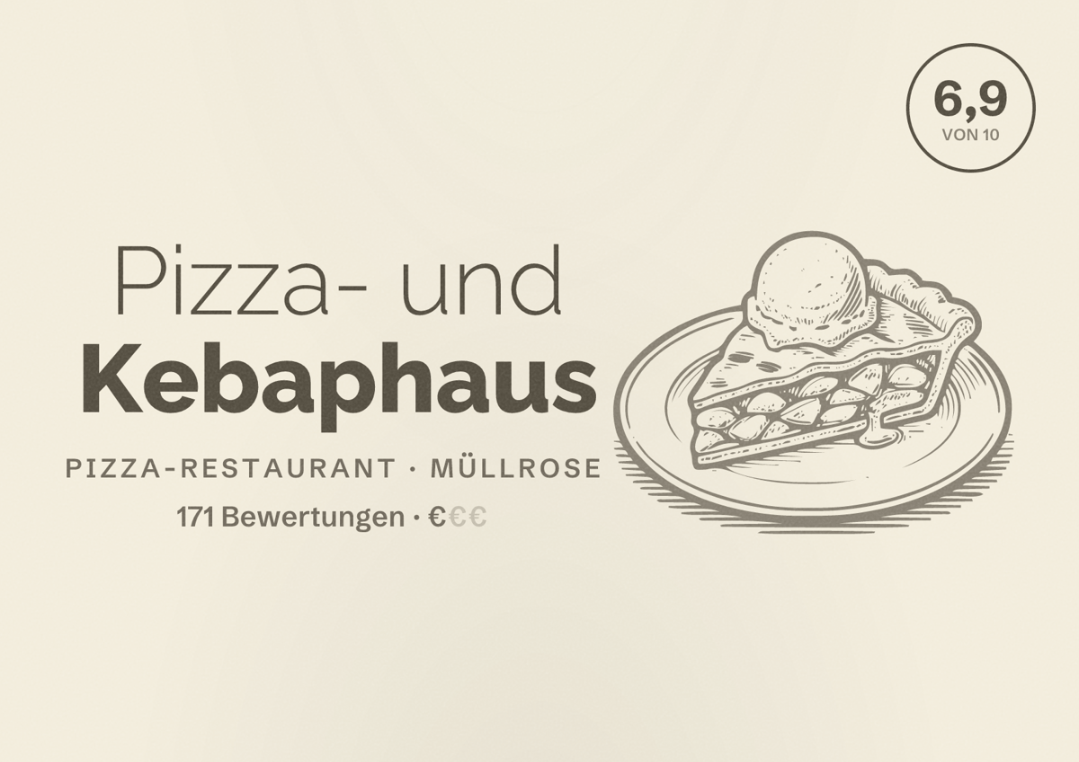 Illustriertes Poster von Pizza- und Kebaphaus, Pizza-Restaurant in Müllrose: Bewertung 6,9 von 10 aus 171 Bewertungen, Preisniveau €